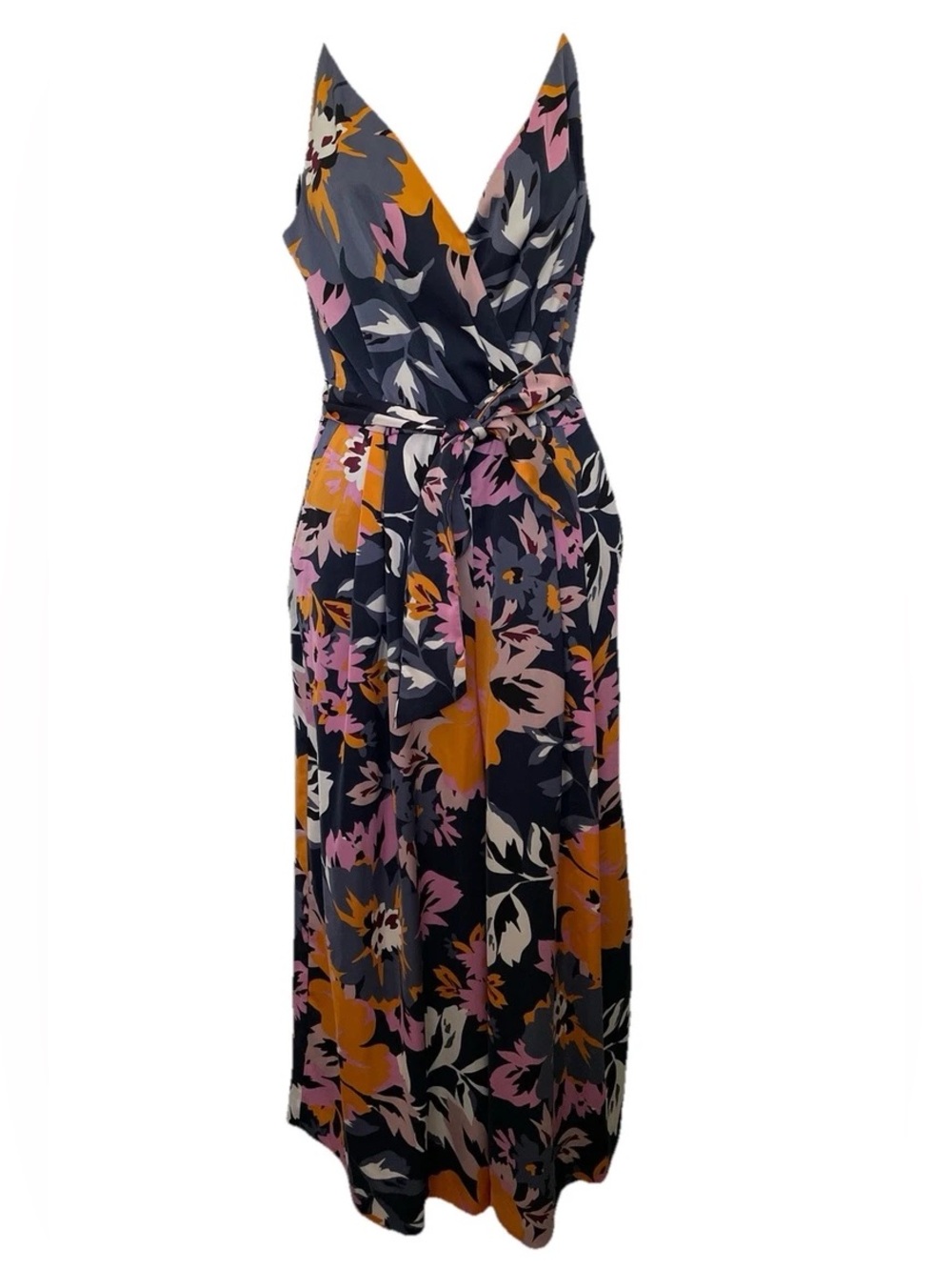 New H&M sleeveless V-neck wrap jumpsuit in vibrant navy blue and orange L